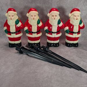 4 Vintage Santa Blow Molds Pathway Light Toppers w Stakes Christmas Hard Plastic